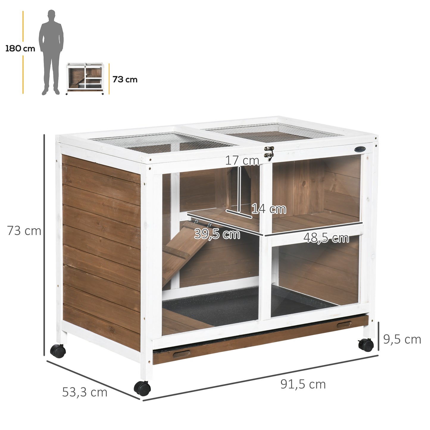 Konijnenren – Konijnenhok – Knaagdierenren – Dierenren – Binnenren – Massief Hout – 2 Verdiepingen Met Dakopening – Wieltjes 91,5x53,3x73 cm – Kastanjebruin