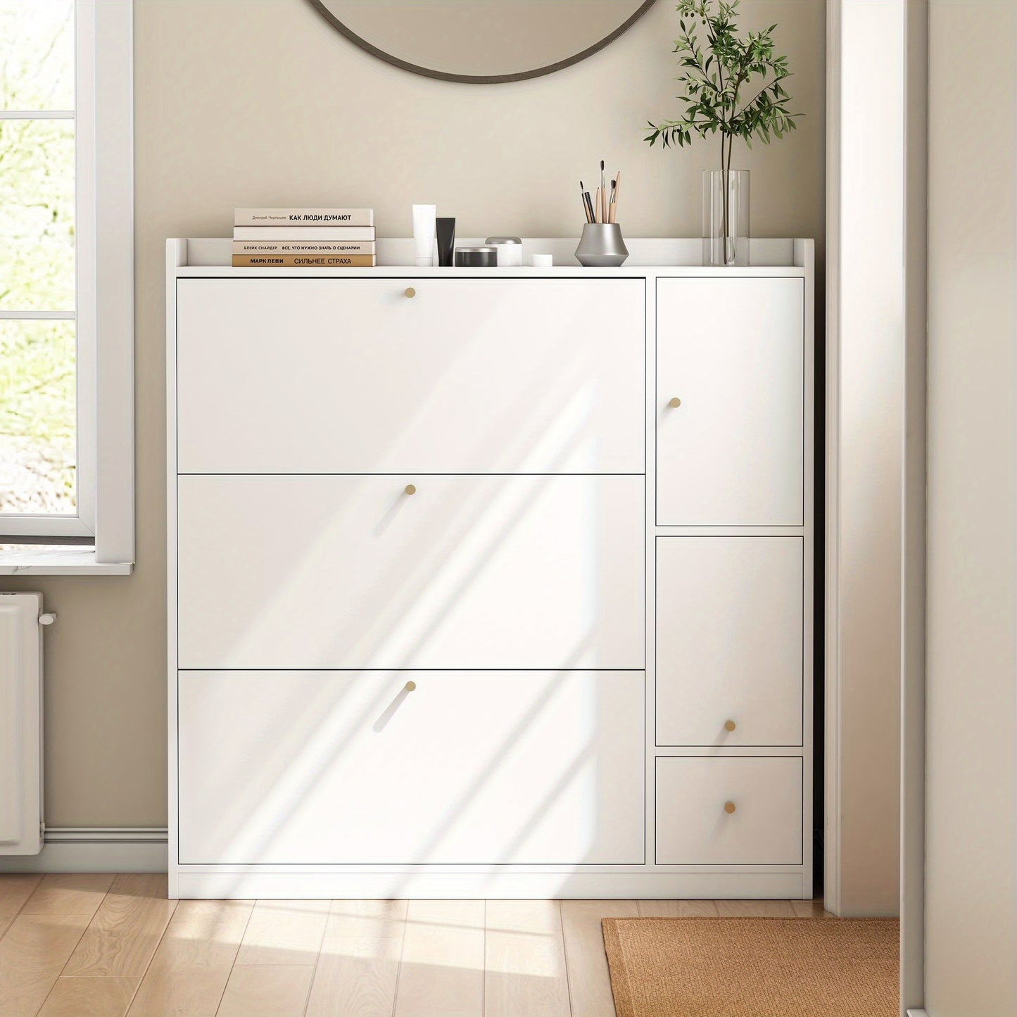 Schoenenkast – Schoenopberger – Schoenmeubel – Schoenrek – Schoenbank – Wit MDF – Kantelbare Lades en Opvouwbare Zitbank