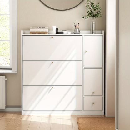 Schoenenkast – Schoenopberger – Schoenmeubel – Schoenrek – Schoenbank – Wit MDF – Kantelbare Lades en Opvouwbare Zitbank