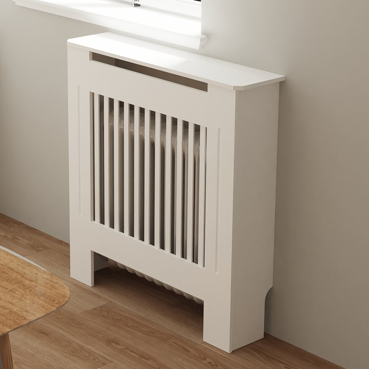 Radiatorombouw – Radiatorkast – Verwarmingsdeksel – Radiatorbekleding – Radiatorafdekking – Wit Houten Design – 100 cm Hoog – 3,2 Cu Ft Opbergruimte – Ventilerend Lamellenpatroon