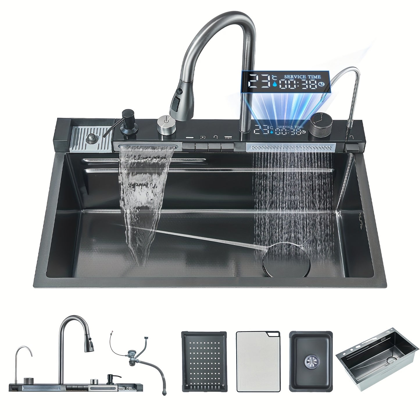 keukenspoelbak – spoelbak – gootsteen – wasbak – keukenbak – RVS multifunctioneel – watervalrand – drop-in installatie – met zeeppomp en bekerhouder – grijs