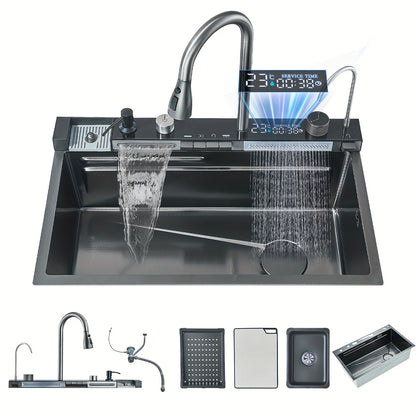 keukenspoelbak – spoelbak – gootsteen – wasbak – keukenbak – RVS multifunctioneel – watervalrand – drop-in installatie – met zeeppomp en bekerhouder – grijs