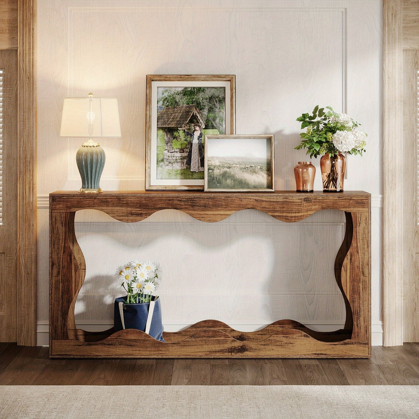 Sidetable – Consoletafel – Wandtafel – Haltafel – Bijzettafel – Extra Lang 160 cm – Hout & Engineered Wood – Landelijke Bruine Afwerking – Met Opbergruimte – Smal Design – Gemakkelijk Te Monteren