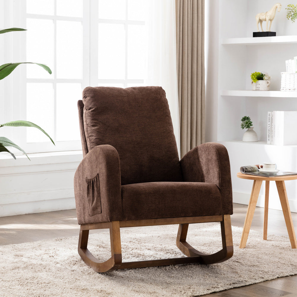 Schommelstoel – Relaxstoel – Fauteuil – Loungestoel – Accentstoel – Mid-Century Modern Design – Hoog Gewatteerd Rugkussen – Koffiebruin Met Memory Foam