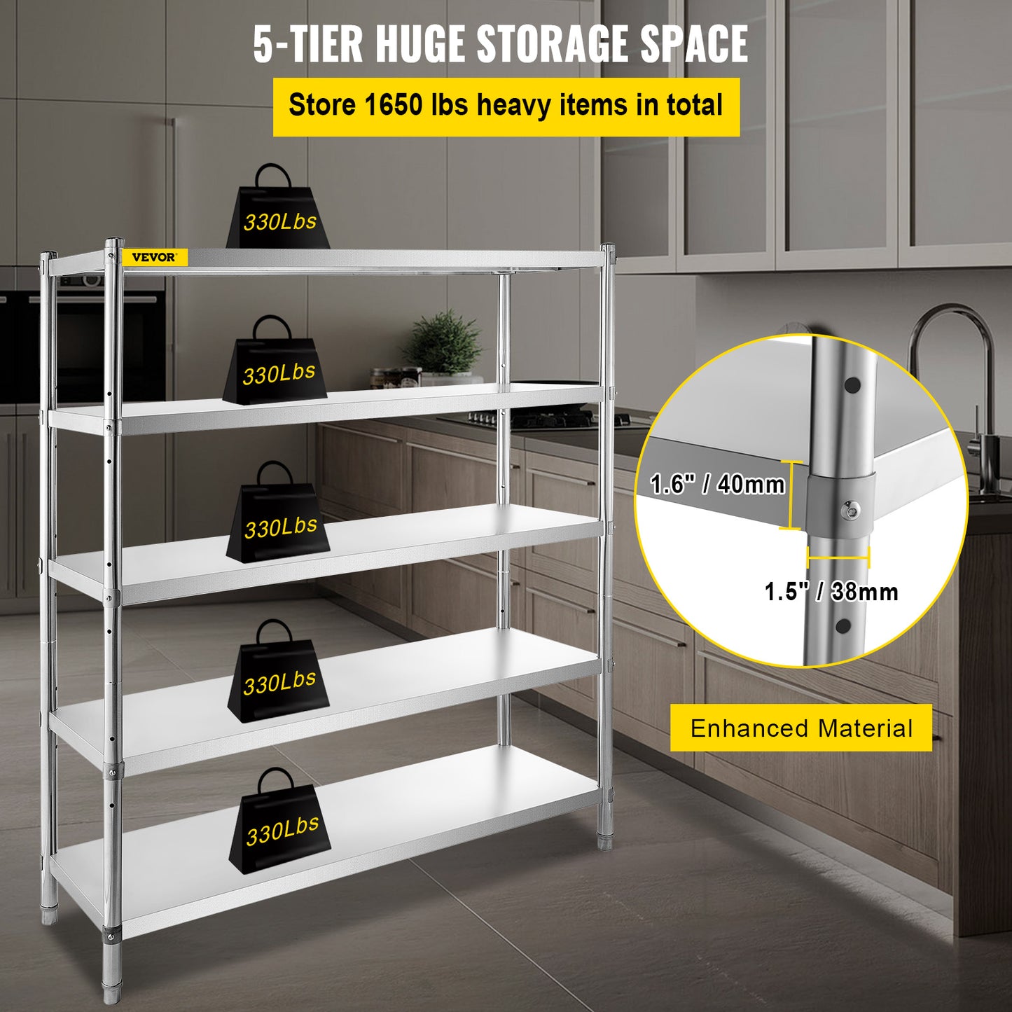 Opslagkast Roestvrijstaal – Stellingkast – Rek – Opbergrek – Garagekast – 5 Lagen – Verstelbare Planken – Max 150 kg Per Laag
