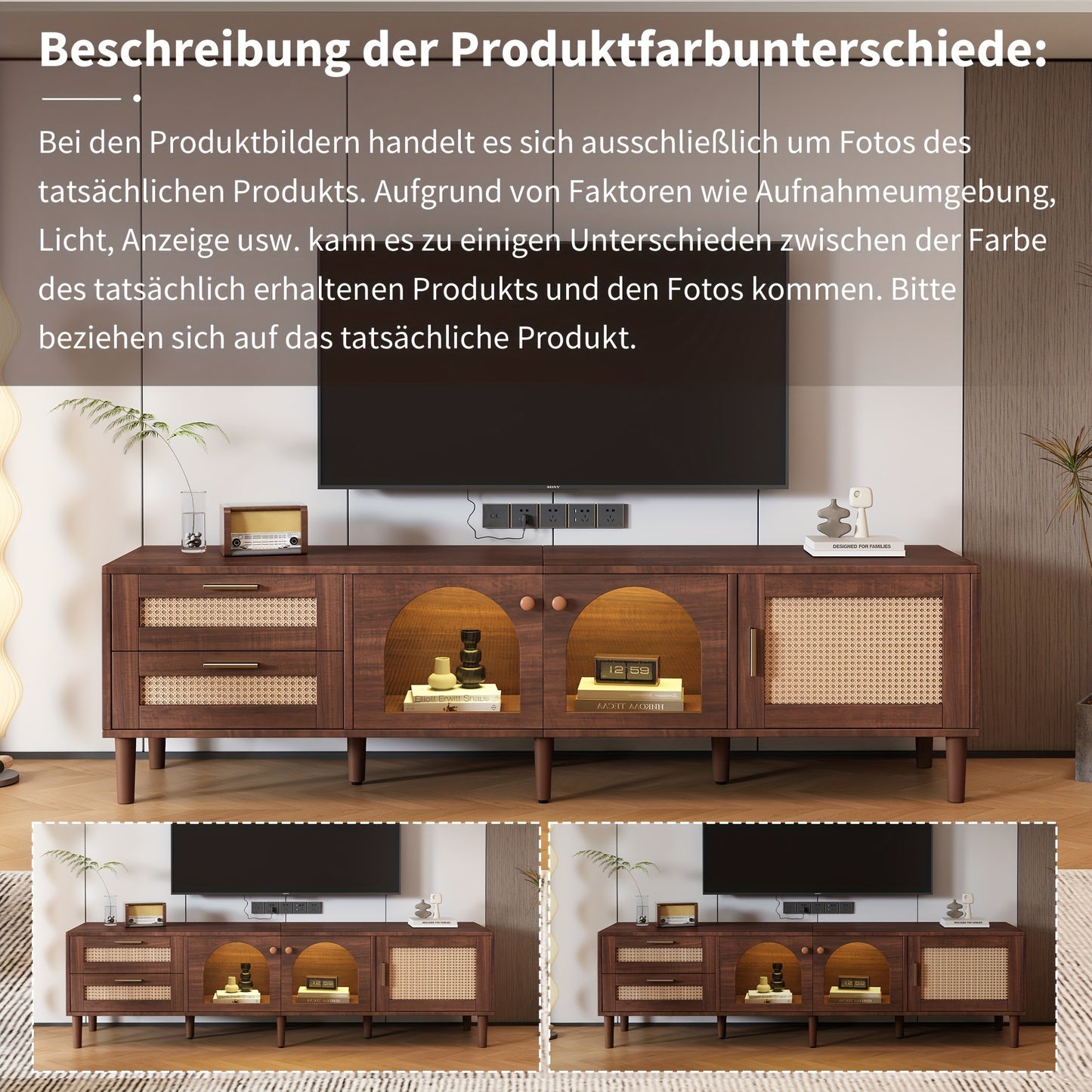 Tv-kast – Tv-meubel – Mediameubel – Tv-console – Bruin – Gebogen Glazen Deuren – Rattan Lades – 203,2 cm Breed – Geen Montage Nodig