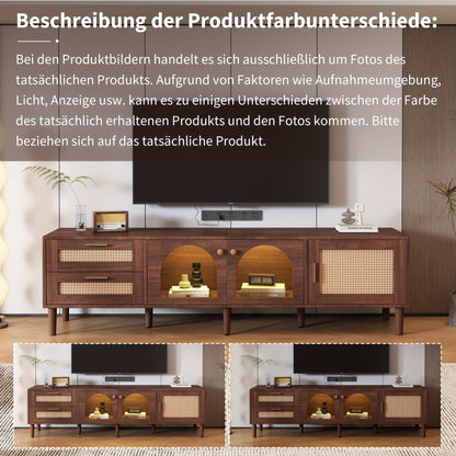 Tv-kast – Tv-meubel – Mediameubel – Tv-console – Bruin – Gebogen Glazen Deuren – Rattan Lades – 203,2 cm Breed – Geen Montage Nodig