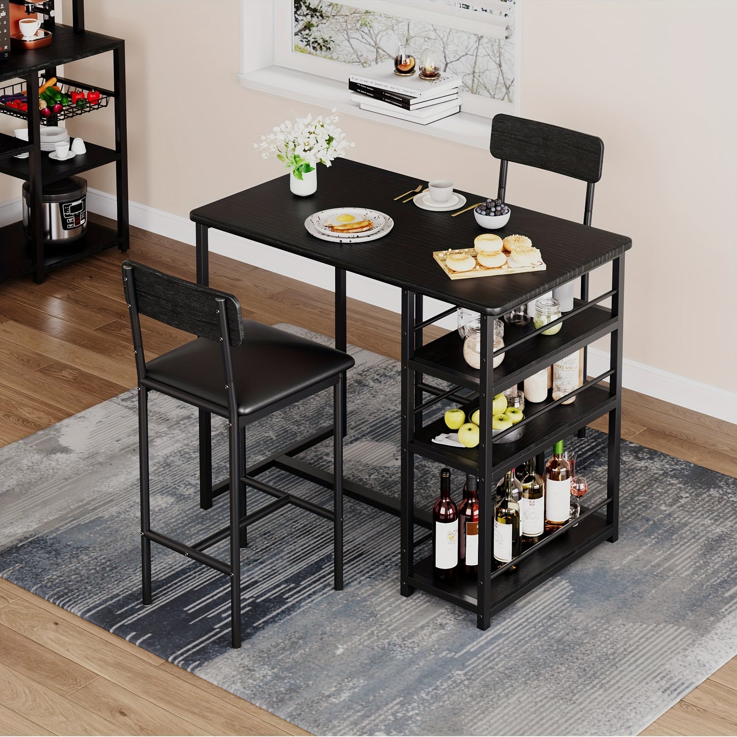 Bar Table Set with 2 Stools - Heavy-Duty Metal MDF Construction, Space-Saving Kitchen Dining Table with 3 Shelves, Sturdy Legs & Non-Slip Floor - Compact for Small, Apartment, Home, Restaurant - Easy Assembly, Modern Farmhous