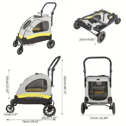 Pet Travel Stroller: Dog Stroller Pet Jogger Wagon Travel One-key Folding with 4 Heavy Wheels, Adjustable Handle for Small Dogs and Cats, Rear Brake, Security Leash
