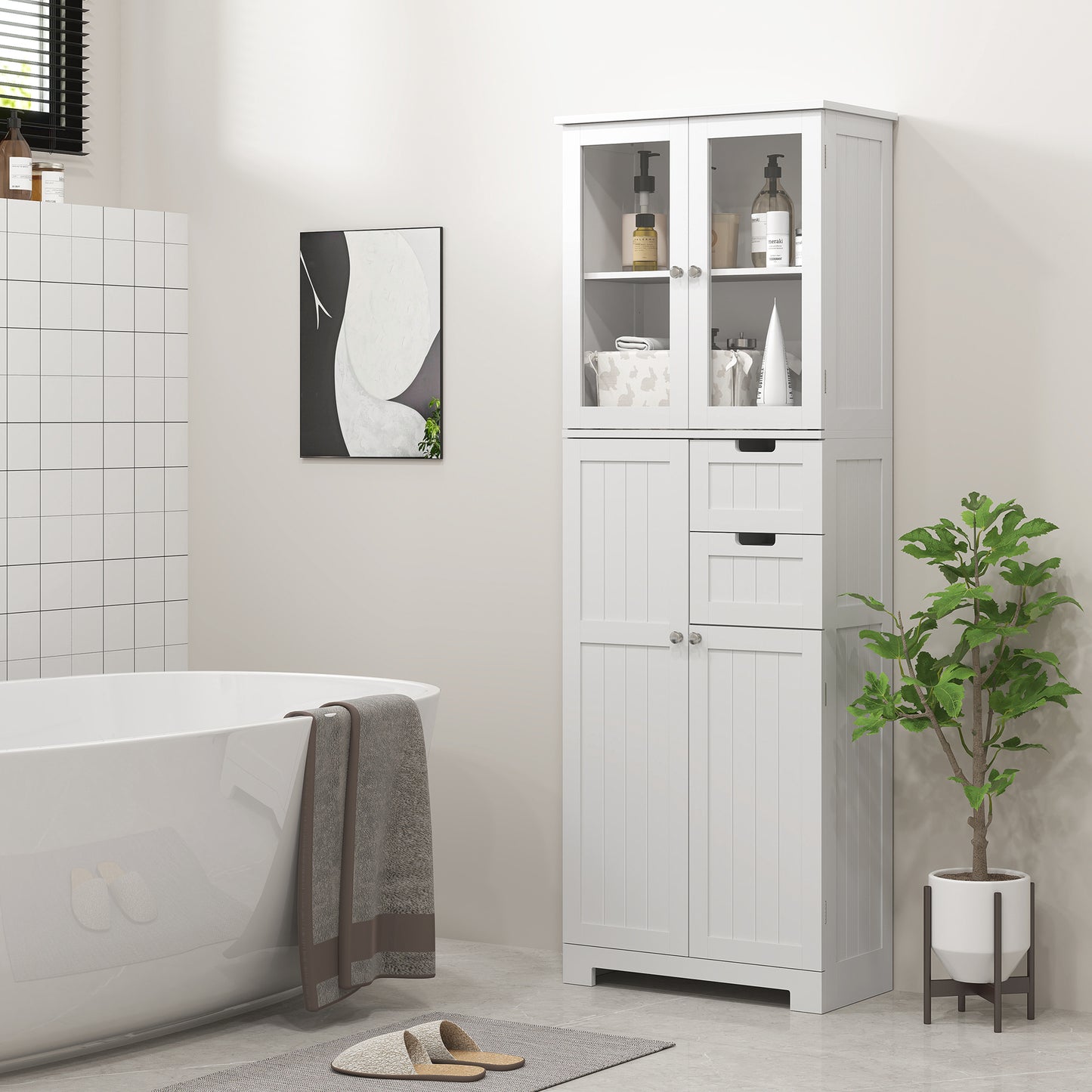 Badkamerkast – Badkamerkolom – Opbergkast – Bergkast – Kast Met Glazen Deuren – Wit – 60x30x170 cm – Verstelbare Planken – Inclusief Lades