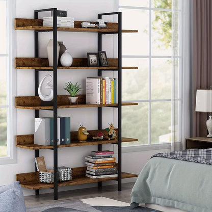 Industrieel Boekenkast – Open Kast – Opbergrek – Boekenplank – Stellingkast – Vintage Bruin – Stalen Frame – 5 Laags Met Kunststof Hout – Compact En Vrijstaand – Eenvoudige Montage