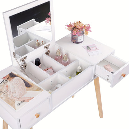 Make-up Tafel – Make-uptafel – Dressing Table – Kaptafel – Schminktisch – Wit – Scandinavisch Design – Vouwdeksel Met Spiegel – 2 Lades En 5 Opbergvakken