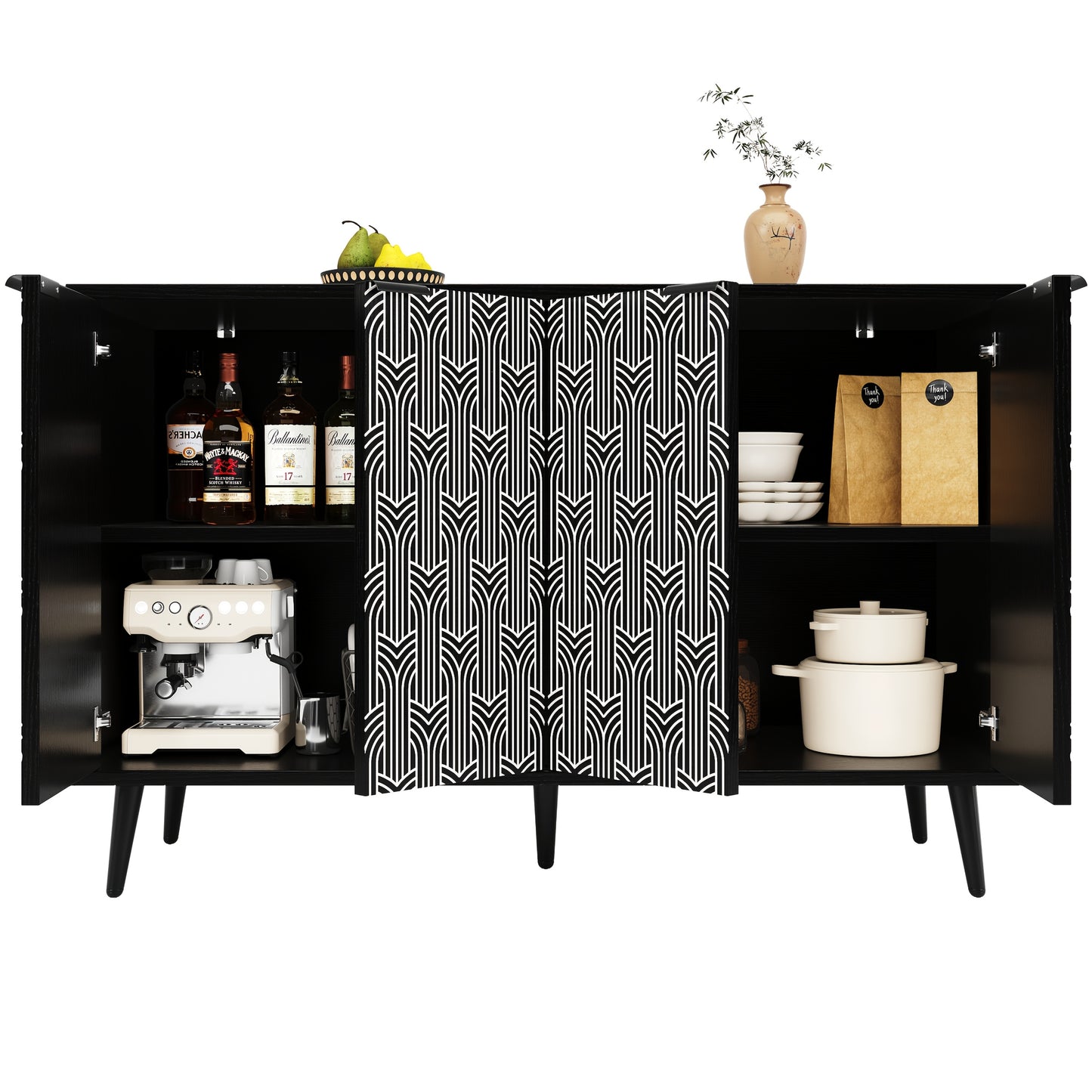 Modern Large Herringbone Storage Cabinet with Black & White Carved Doors - Freestanding Metal Frame (120x35x78cm) - White & Black Contemporary Furniture, Anti-Tip Design, Easy Assembly for Dining Room, Living Room, Bedroom -
