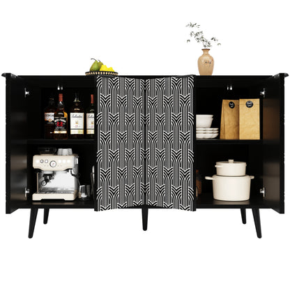 Modern Large Herringbone Storage Cabinet with Black & White Carved Doors - Freestanding Metal Frame (120x35x78cm) - White & Black Contemporary Furniture, Anti-Tip Design, Easy Assembly for Dining Room, Living Room, Bedroom -