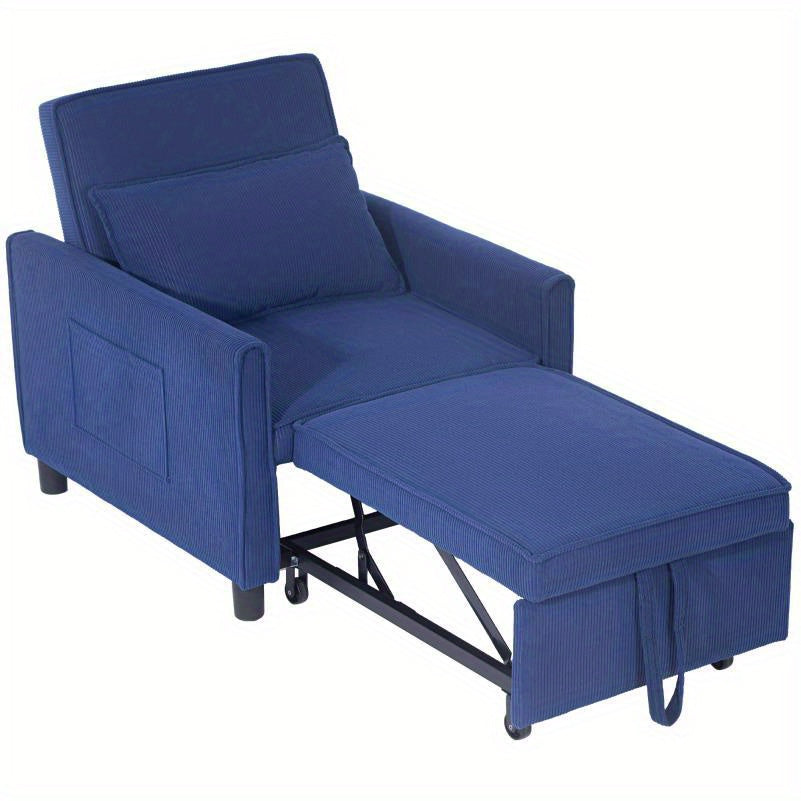 3-in-1 Fauteuilbed – Opvouwbare Stoel – Relaxfauteuil – Slaapstoel – Verstelbare Ligstoel – Verstelbare Rugleuning – Stevige Lendensteun – Duurzaam Polyester – Blauw – Met Zijzakken