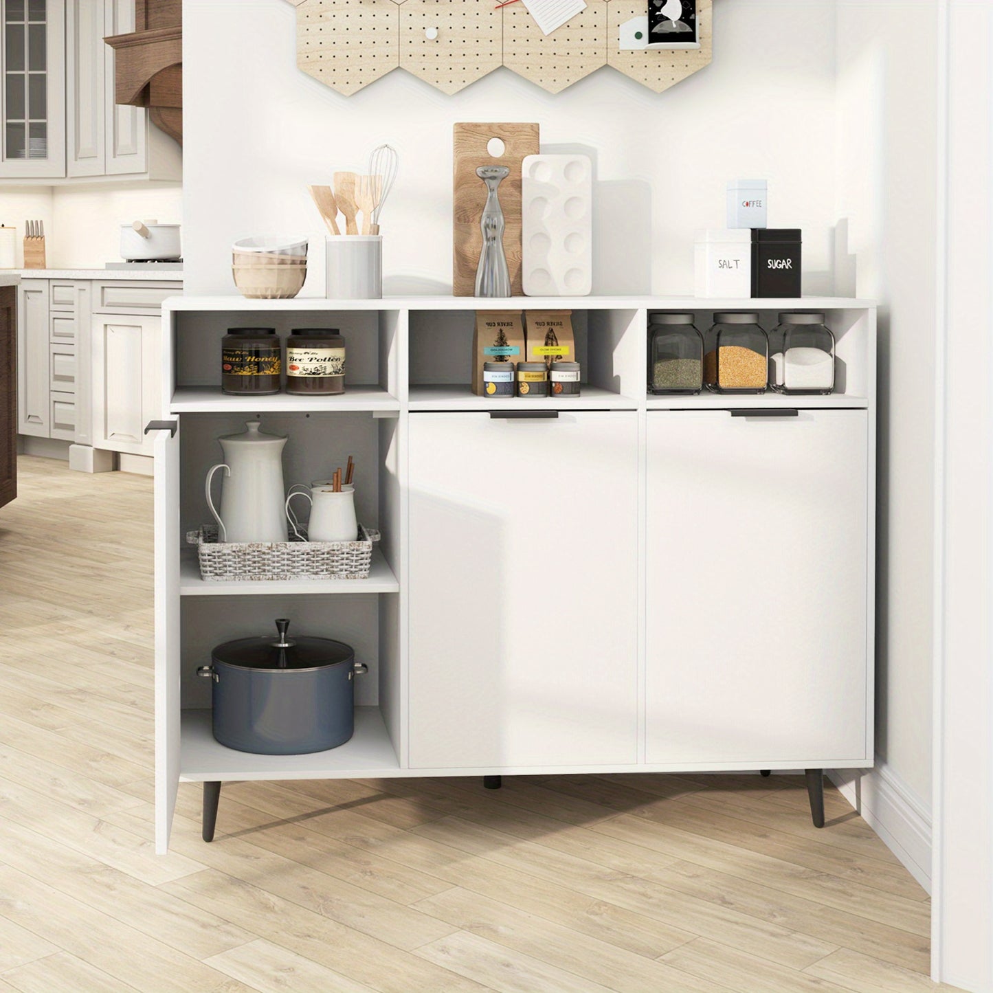 Dressoir – Sideboard – Buffetkast – Opbergkast – Ladekast – Modern Wit Design – 5 Verstelbare Planken & Anti-Kantelbeveiliging – Stevig MDF Metalen Poten 120x40x90 cm