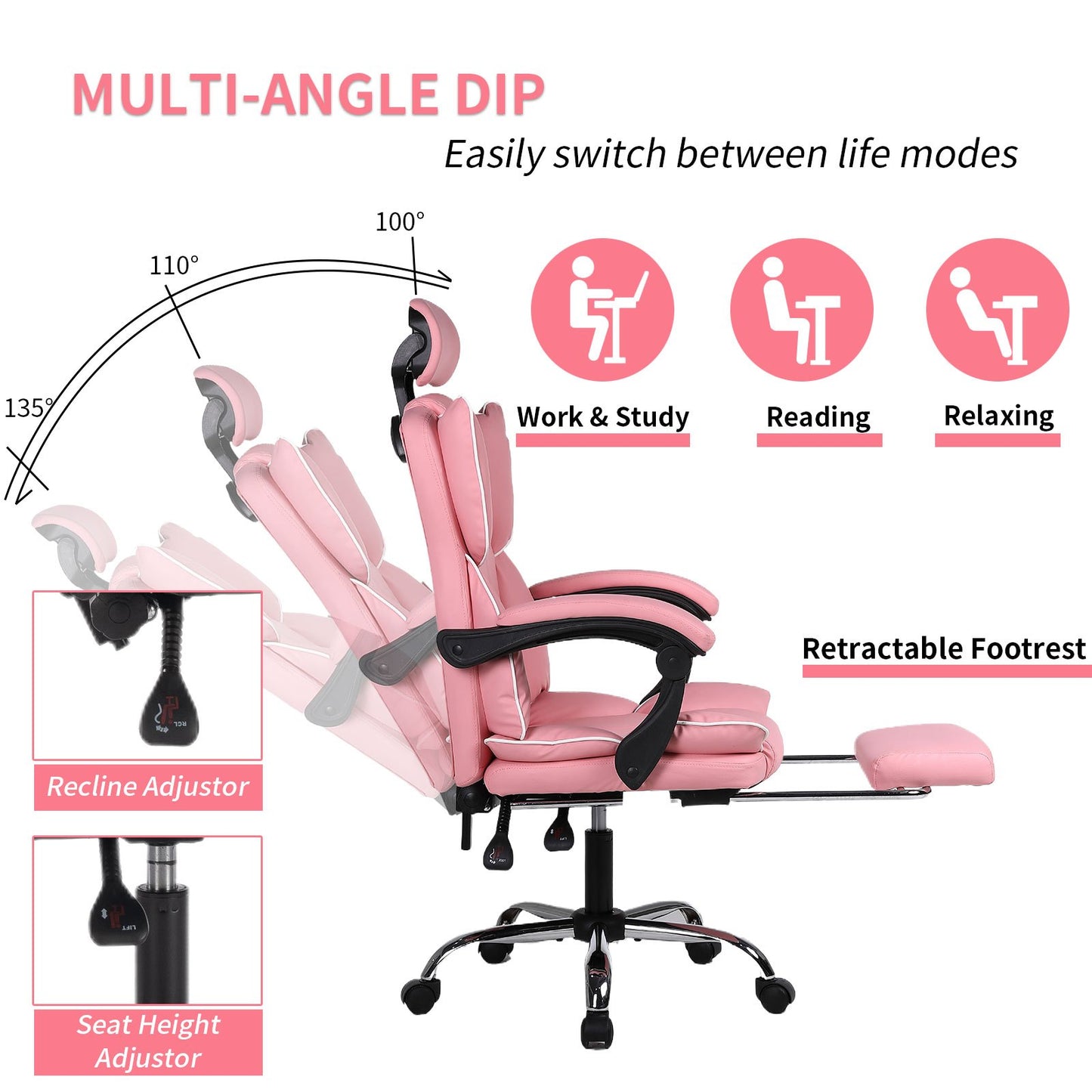Gamingstoel – Gamestoel – Gaming Chair – Game Stoel – Bureaustoel – Ergonomisch – Verstelbare Hoogte – PU Leer – Zachte Schuimvulling – Stevige Rugsteun – Paars-Wit – 5-Wielbasis – Geschikt Voor Volwassenen En Tieners