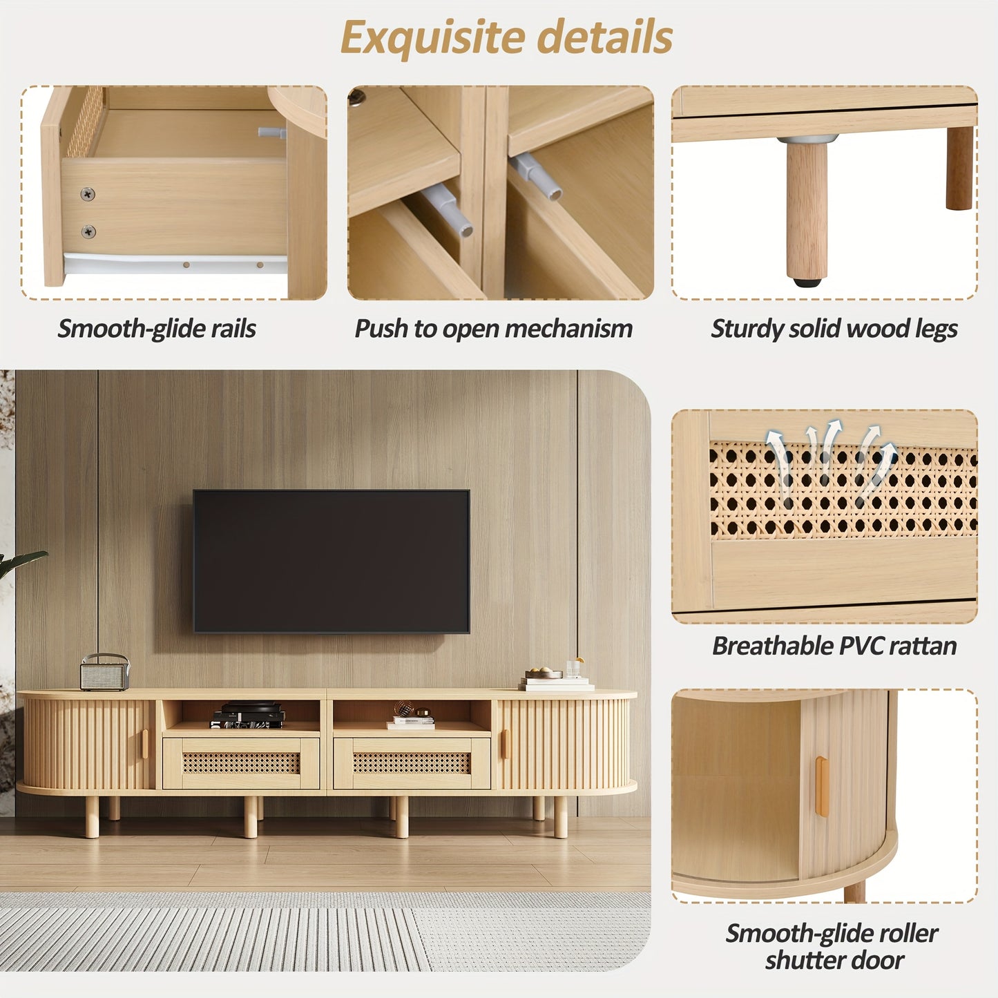 Tv-Meubel – Tv-Kast – Tv-Tafel – Dressoir – Media-Kast – Ovaal Design – 170x40x40 cm – 2 Rieten Lades & 2 Schuifdeuren – Geschikt Voor Tv Tot 70 Inch – Lichtgewicht Houtkleur