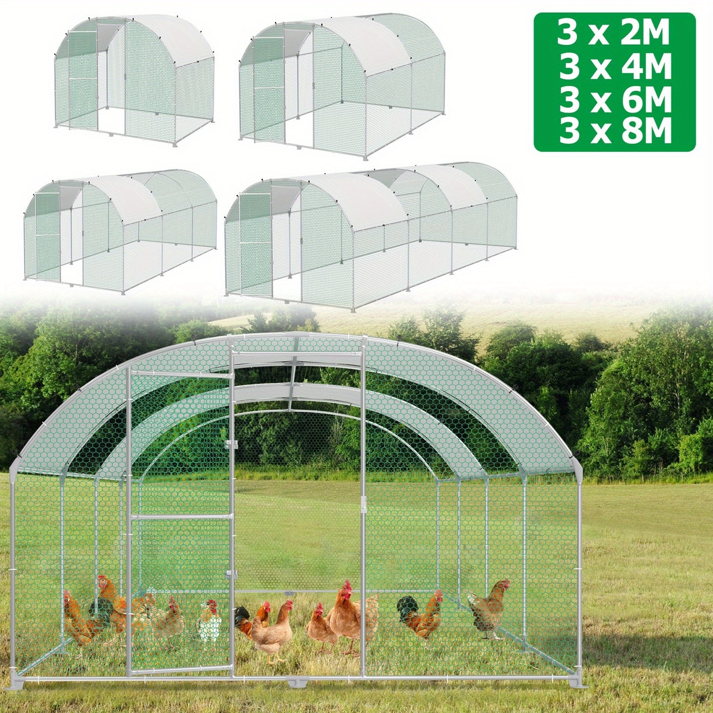 Kippenhok – Kippenren – Pluimveehuis – Kippenren Buiten – Kippenkooi Dome Dak – 8x3x2m – Gegalvaniseerd Staal – Volledige Overkapping