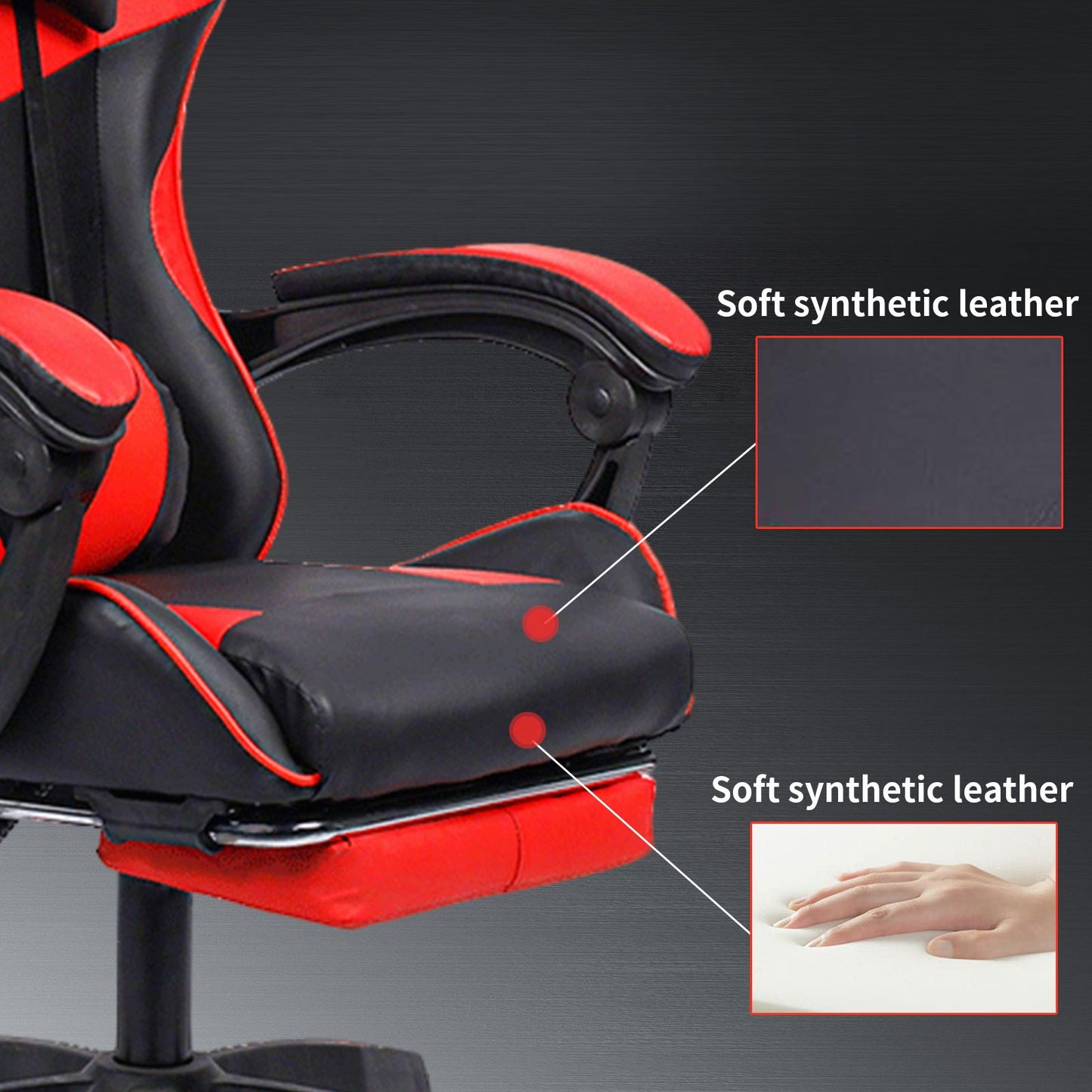 Ergonomische Gamingstoel – Bureaustoel – Gamerstoel – Draaistoel – Werkstoel – Met Verstelbare Voetensteun – Roestvrijstalen Frame – Rood