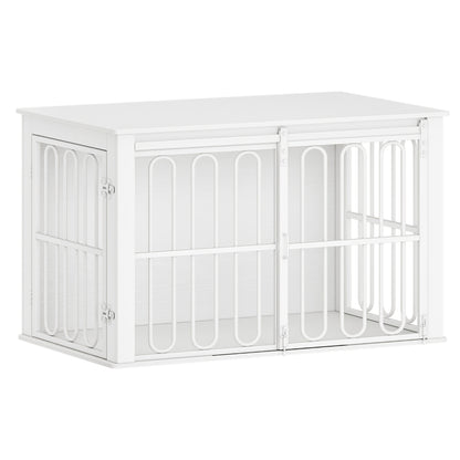 Hondenbench – Hondenkooi – Huisdierbench – Hondenhok – Bijzettafel – Dubbele Deuren Met Schuifsluiting – Stevig Wit-Bruin Design 60x100x62,4 cm