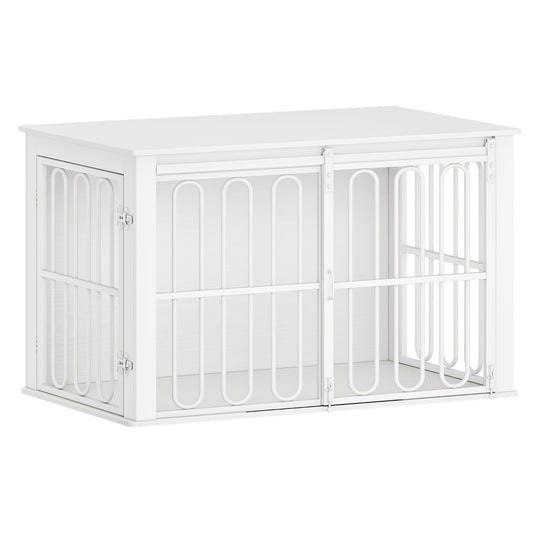 Hondenbench – Hondenkooi – Huisdierbench – Hondenhok – Bijzettafel – Dubbele Deuren Met Schuifsluiting – Stevig Wit-Bruin Design 60x100x62,4 cm