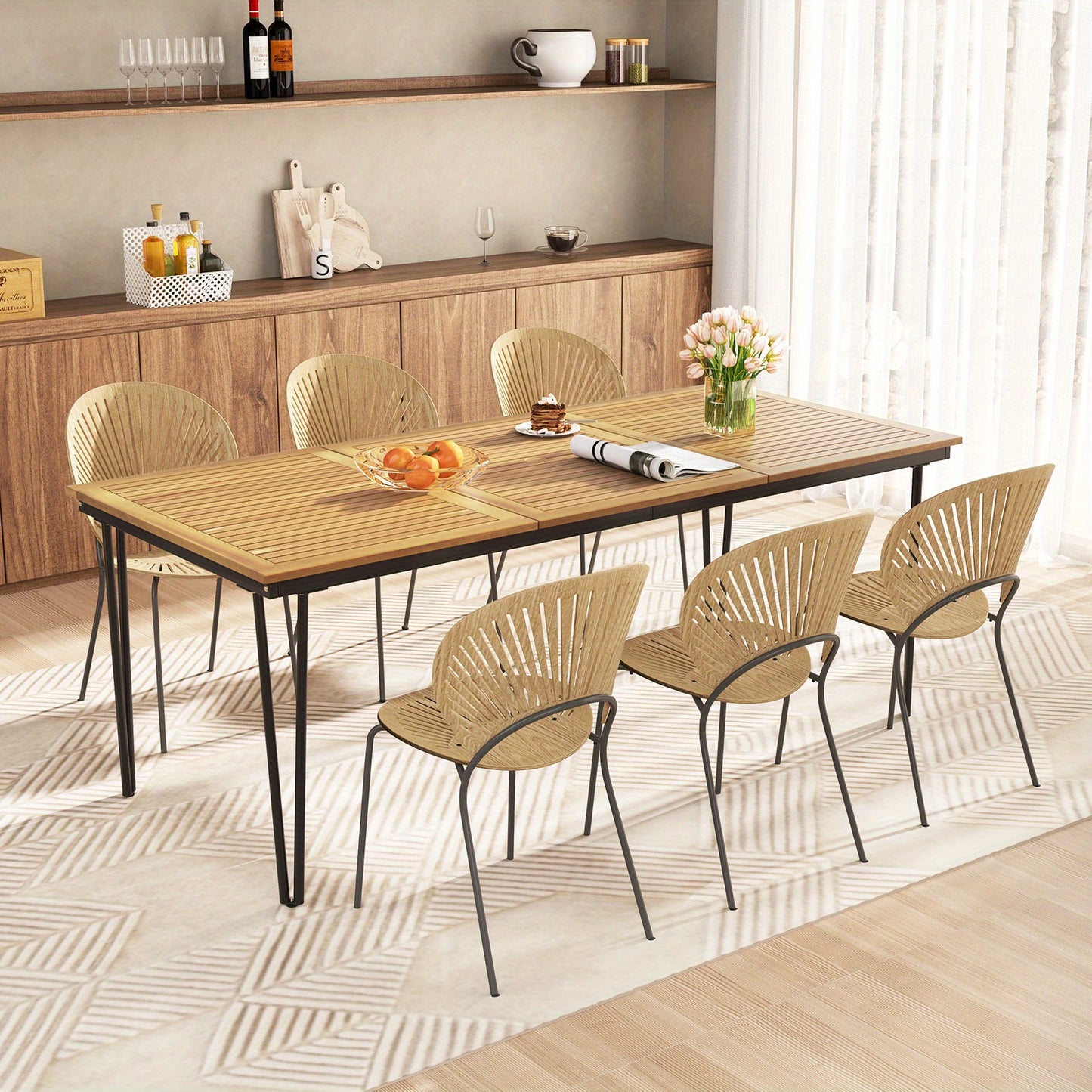 Tuinset – Tuinmeubel – Diningset – Bistroset – Loungeset – 8-Persoons Rechthoekige Tuintafel – Acaciahouten Tafelblad – Robuust Metalen Onderstel – Inclusief Parasolgat – Weerbestendig & Duurzaam