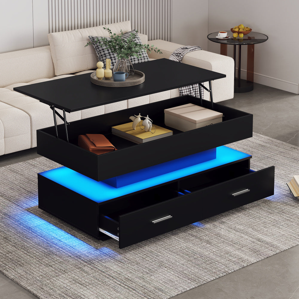 Salontafel – Koffietafel – Bijzettafel – Woonkamertafel – Tafeltje – Verstelbare Hoogte – 2 Lades & Open Opbergruimte – Zwart Metalen Frame – 100x50x44 cm – Modern Design