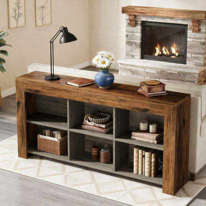 Console tafel – sidetable – haltafel – dressoir – opbergkast – Bruin en zwart – 160 cm lang – 6 open opbergvakken – massief hardhout en geperst hout – smal ontwerp