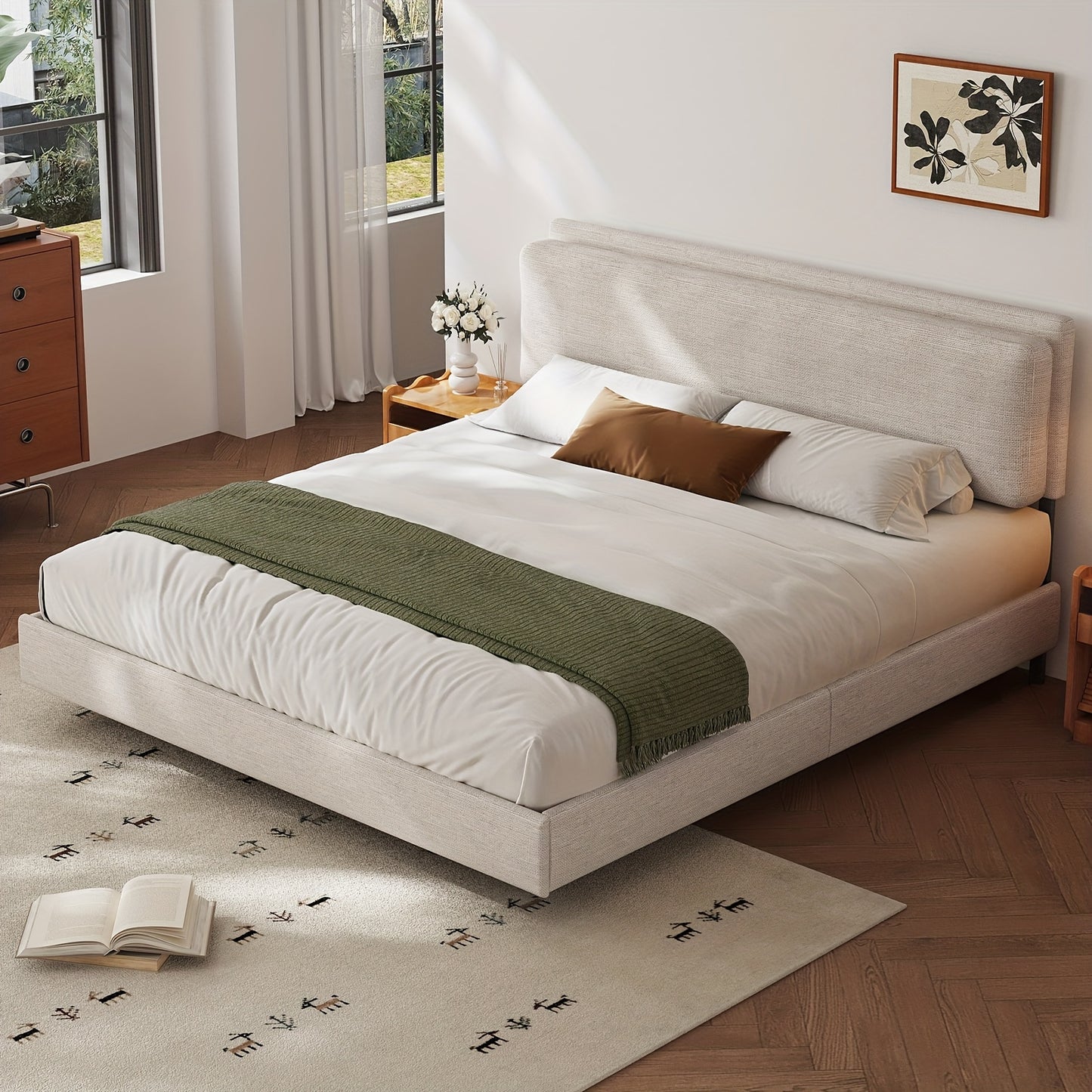Bedframe – Bedbodem – Ledikant – Tweepersoonsbed – Slaapbank – 180x200 cm – Houtlook Met Metalen Poten – Geen Boxspring Nodig – Eenvoudige Montage – Beige Grijs
