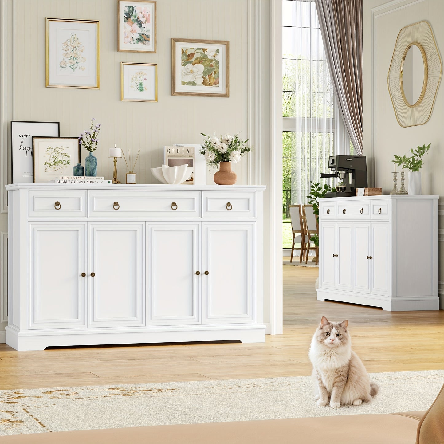Kast Ladenkast – Dressoir Opbergkast Sideboard Commode – Wit Hout – 2-Deurs 4-Laden – Verstelbare Planken – Stevige Houten Constructie