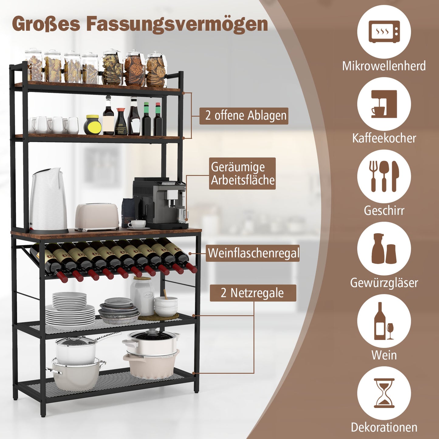 Keukenkastje – Keukenrek – Opbergkast – Keukenonderkast – Dressoir – Incl. Wijnrek voor 10 flessen – Stabiel Metaal & Spaanplaat – 90x34x165 cm