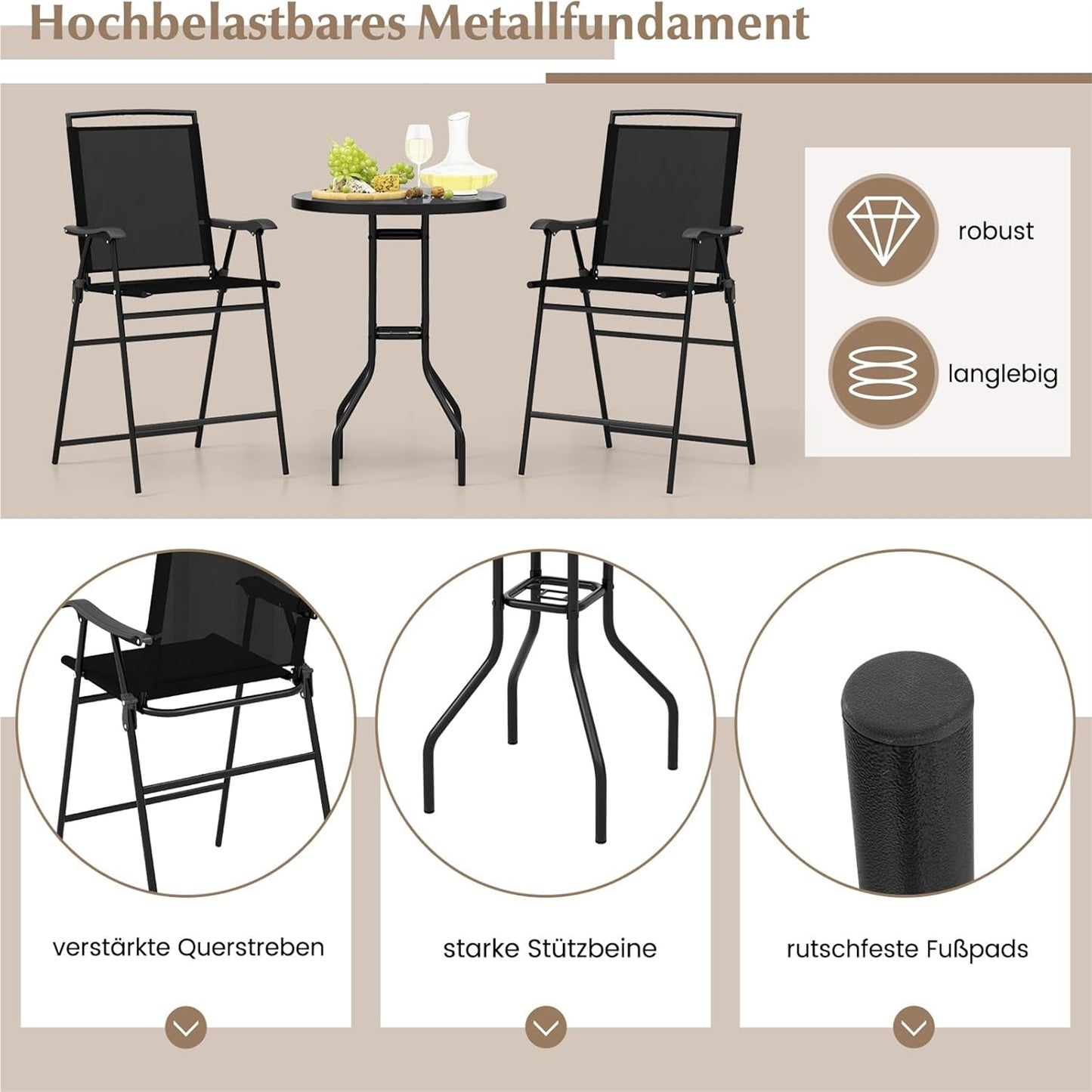 Bistro Tuinset – Balkon Meubels – Terras Set – Buiten Tafel Met Stoelen – Tuinmeubilair – Met Parasolgat – Vouwbare Stoelen – Zwart Metalen Frame – Duurzaam & Compact