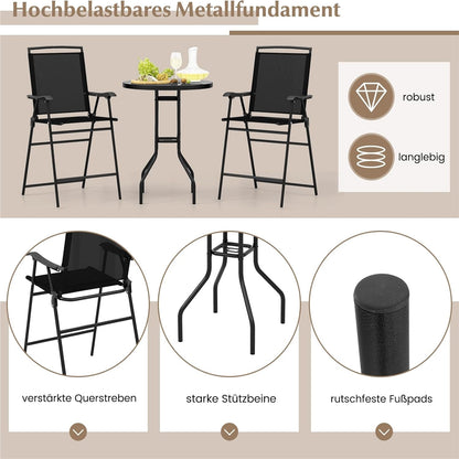 Bistro Tuinset – Balkon Meubels – Terras Set – Buiten Tafel Met Stoelen – Tuinmeubilair – Met Parasolgat – Vouwbare Stoelen – Zwart Metalen Frame – Duurzaam & Compact