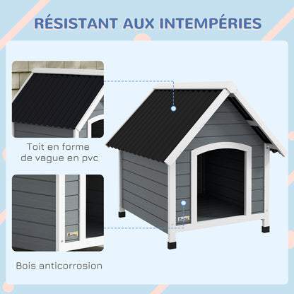 Hondenkennel – Hondenhok – Buitenkennel – Buitenhok – Hondenhuisje – Duurzaam Dennenhout – Waterafstotend Golfdak – Verstelbare Poten – Uitneembare Vloer – Grijs – Medium Honden 75x88x82 cm