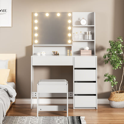 Kaptafel met Spiegel en Kruk – Wit – Make-up Tafel met Laden, Open Planken en 12 LED-Lampen, Instelbare Helderheid – Modern voor Slaapkamer