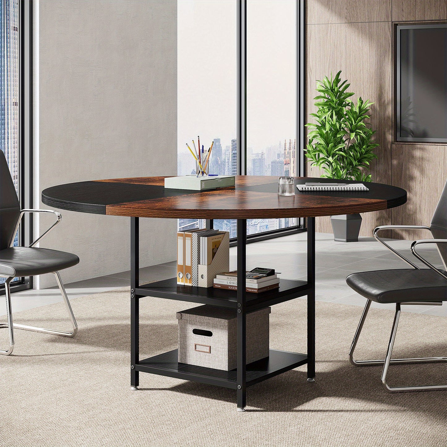 Ronde Conferentietafel – Vergadertafel – Bureautafel – Meetingtafel – Trainingstafel – Voor 4-6 Personen – Met Opbergrek – Houten Blad Met Metalen Poten – Zwart Bruin