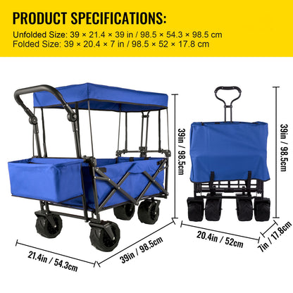 Bolderkar – Bolderwagen – Transportkar – Strandkar – Opvouwbare Kar – 85 cm Laadruimte – Staal Frame Met Afneembare Zonkap – 360° Draaibare Wielen