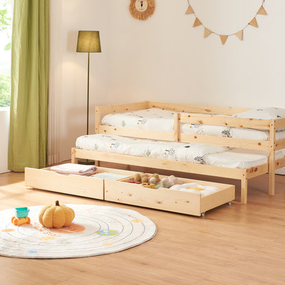 Dubbel Kinderbed – Stapelbed – Uitschuifbaar Bed – Kinderbed Met Laden – Bed Met Opbergruimte – 90x200 cm – Massief Dennenhout Natuurlijk