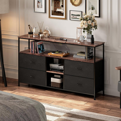 Vintage Dressoir – Ladekast – Opbergkast – Sideboard – Mediameubel – Zwart Metalen Frame – 3 Lades & 4 Open Vakken – Duurzaam MDF & Hout