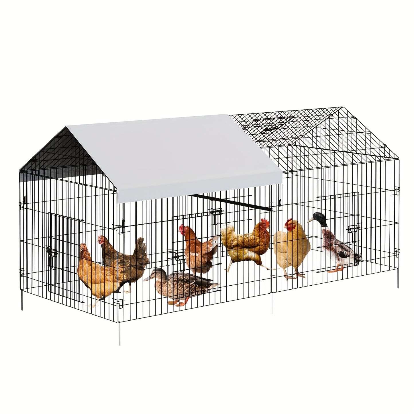 Heavy Duty Metal Chicken Coop 218.44cm x 101.6cm x 101.6cm Walk-In Poultry Cage with 4 Doors, Waterproof UV-Resistant Cover & -Proof Lock - Large Outdoor Barn for Ducks, Rabbits, Chickens - Spacious Run for 8-10 Hens, Easy As