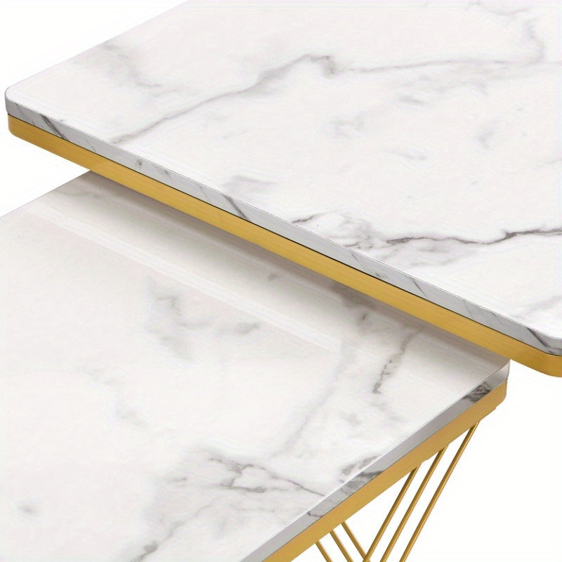 Salontafelset – Koffietafel – Bijzettafel – Woonkamertafel – Tafeltje – Glanzend Marmerlook – 2 Stuks Vierkant 60x60x45 & 45x45x40 cm – Verstelbare Poten, Max 30 kg Belastbaar