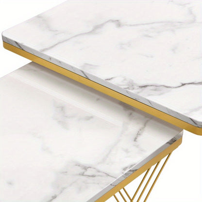 Salontafelset – Koffietafel – Bijzettafel – Woonkamertafel – Tafeltje – Glanzend Marmerlook – 2 Stuks Vierkant 60x60x45 & 45x45x40 cm – Verstelbare Poten, Max 30 kg Belastbaar