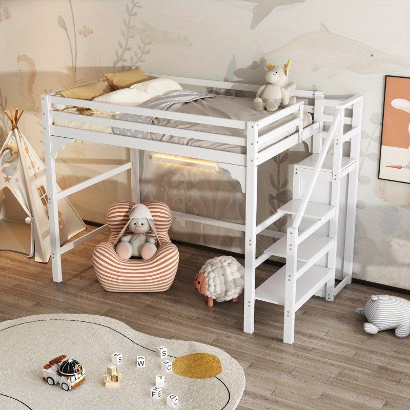 Hoogslaper – High Bed – Stapelbed – Kinderbed – Jeugdbed – 140x200 cm – Wit – Met Lattenbodem en Opbergruimte