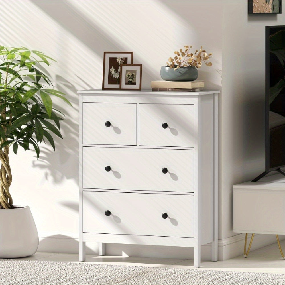 Ladenkast – Ladekast – Commode – Kast – Opbergkast – Wit met zwarte knoppen – Duurzame houten constructie – Ruime 4 laden (≥3,2 cu ft)