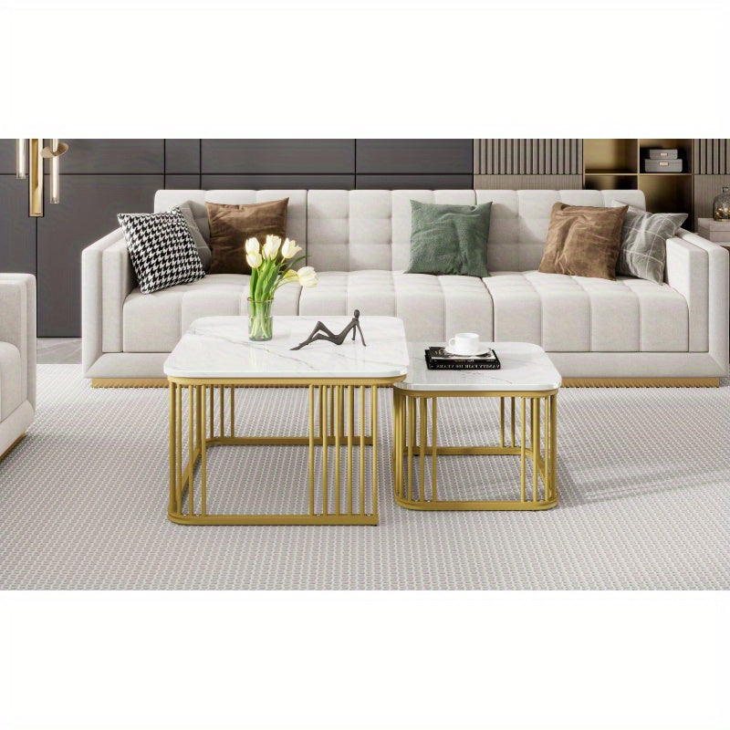 Salontafel Set – Bijzettafel – Tafeltje – Woonkamertafel – Tafel Vierkant – Hoogglans Marmerlook – Gouden Poten – Verstelbare Voetjes – MDF – 70x70x45 & 50x50x36,5 cm