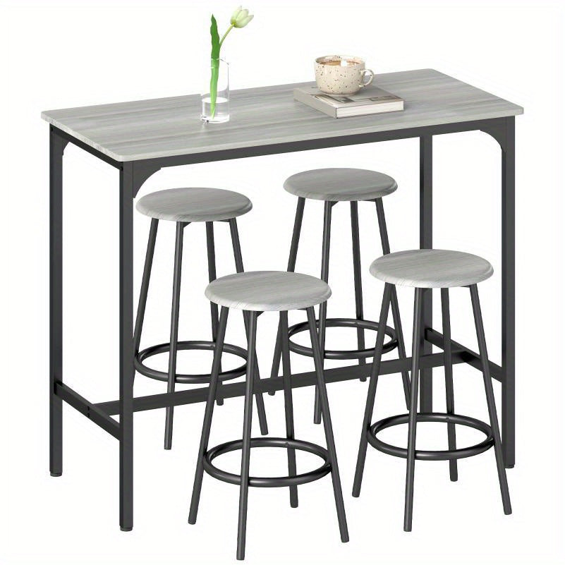 Barkrukkenset – Barkrukken – Barkruk – Keukenkruk – Barstoel – Industrieel Design – Metalen Onderstel Grijs – Massief Houten Tafelblad – 5 Zits