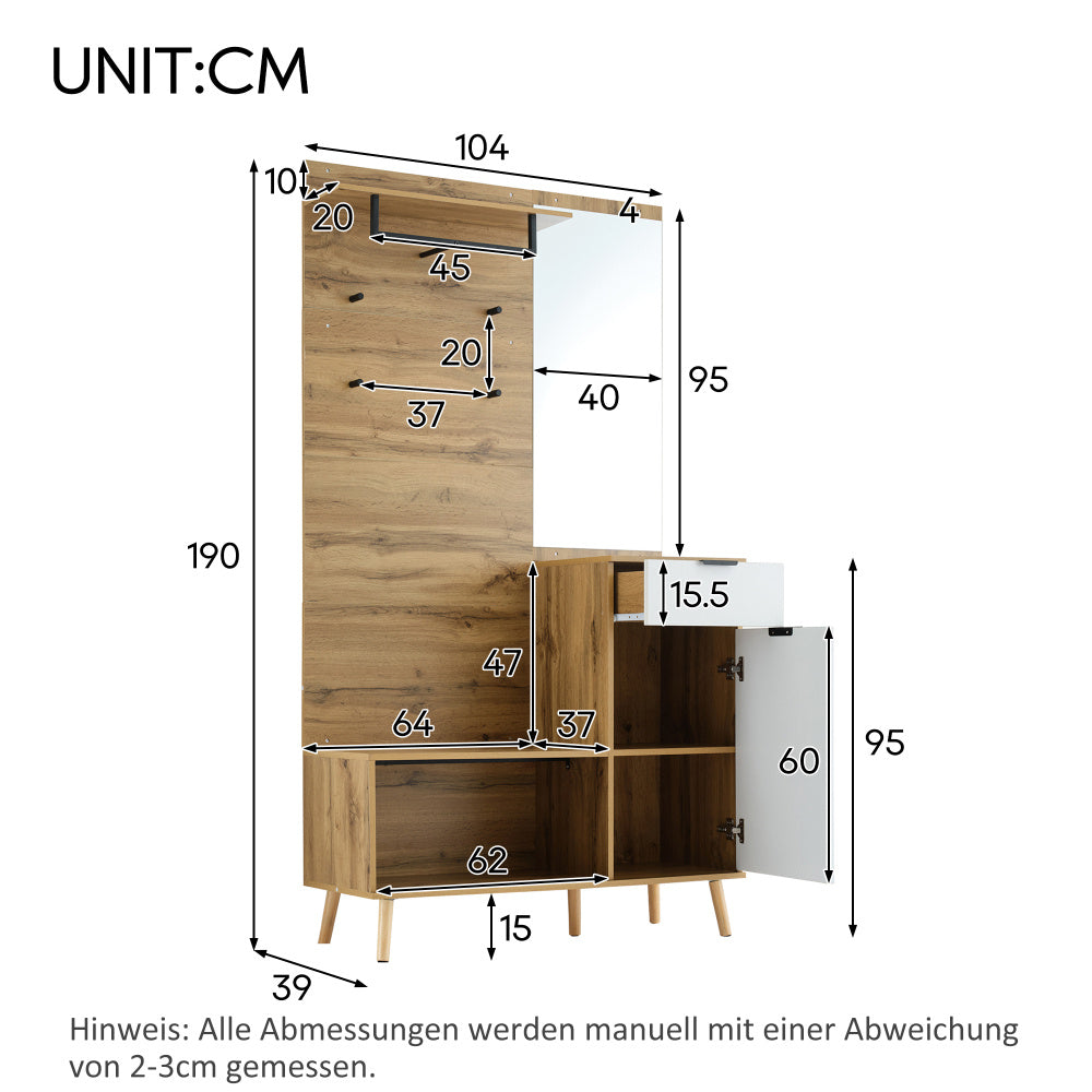 Kapstokkast – Garderobekast – Halmeubel – Schoenenkast – Staande Kapstok – Met Spiegel & Zitbank – 190 cm Hoog – Hydraulische Scharnieren