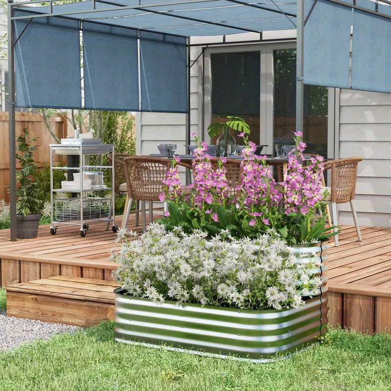 Verhoogde Plantenbak – Metalen Tuinbak – Grote Bloembak – Moestuinbak – Balkonbak – Gegalvaniseerd Staal – 2-Lagen Ontwerp – Roestbestendig & Weerbestendig – 120x90x30 cm – Golvende Zijkanten & Drainagesysteem
