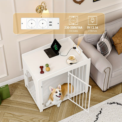 Hondenbench – Hondenkooi – Hondenhok – Hondenren – Dierenbench – Wit – Met USB Poorten En Stopcontacten – 2 Deuren Met Boogvormige Toegang – Geschikt Voor Middelgrote En Kleine Honden – 63x90x79 cm